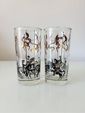 Pair of Vintage Black & Gold Cavalry Soldiers on Horses High Ball Glasses MCM